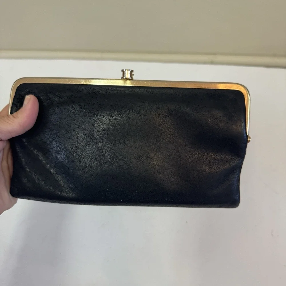 Hobo The Original Leather Lauren Double Frame Clutch Wallet Black Textured VTG